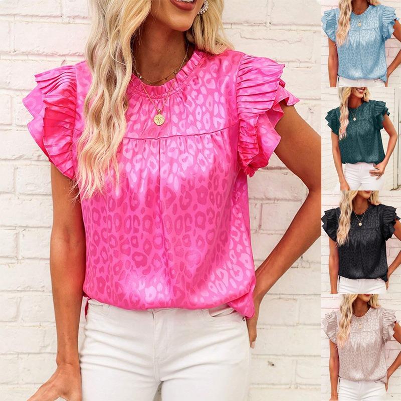 2025 Letnia moda Leopard Print damska bluzka Nowa swobodna prosta koszula z falbaniastymi rękawami plisowana damska góra plus size luźna odzież damska 3670