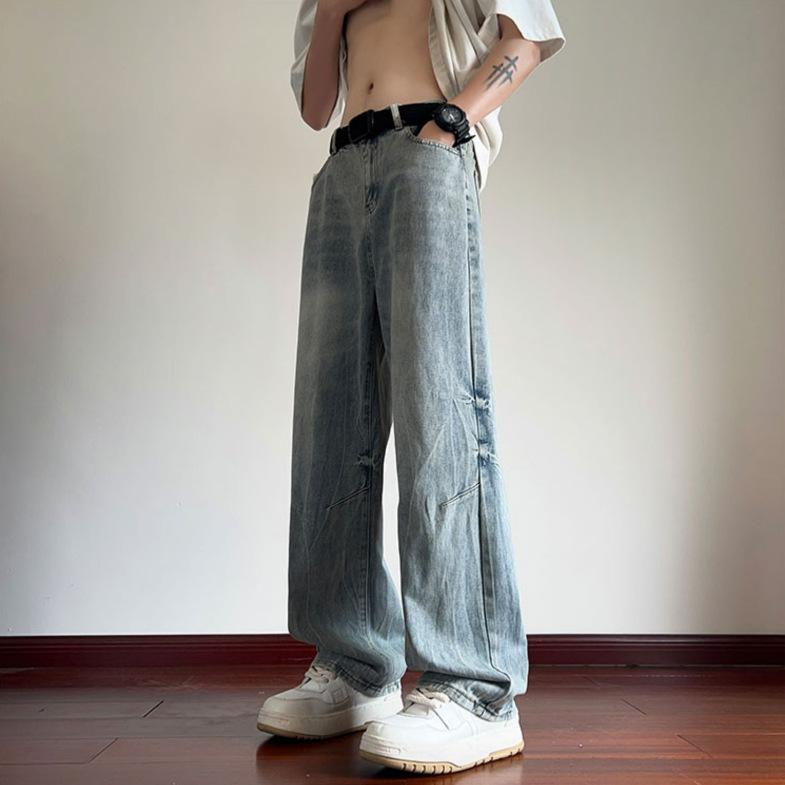 Autumn and winter new lightning pattern washed straight jeans men's American retro cleanfit trendy loose casual pants