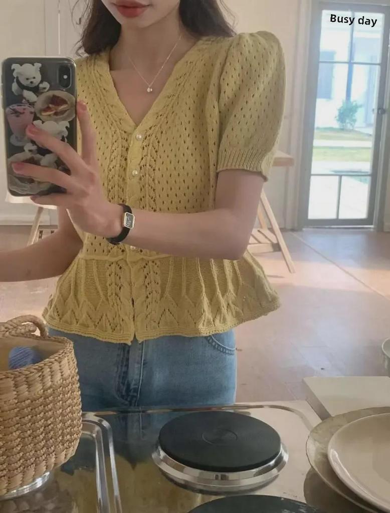 Korean Style Slimming Pearl Button Cutout Bubble Sleeve Knit Top