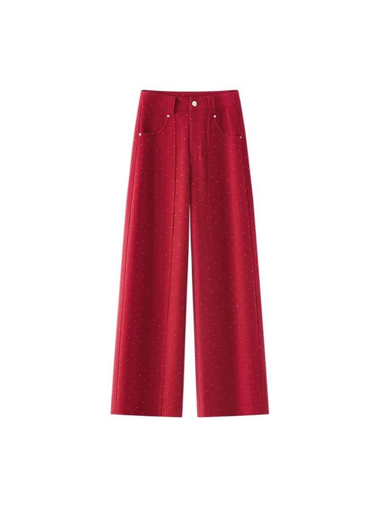 Women's Loose Autumn Winter Straight Leg Red Casual Pants - Slimming Wide-Leg Banana Shaped Sweatpants