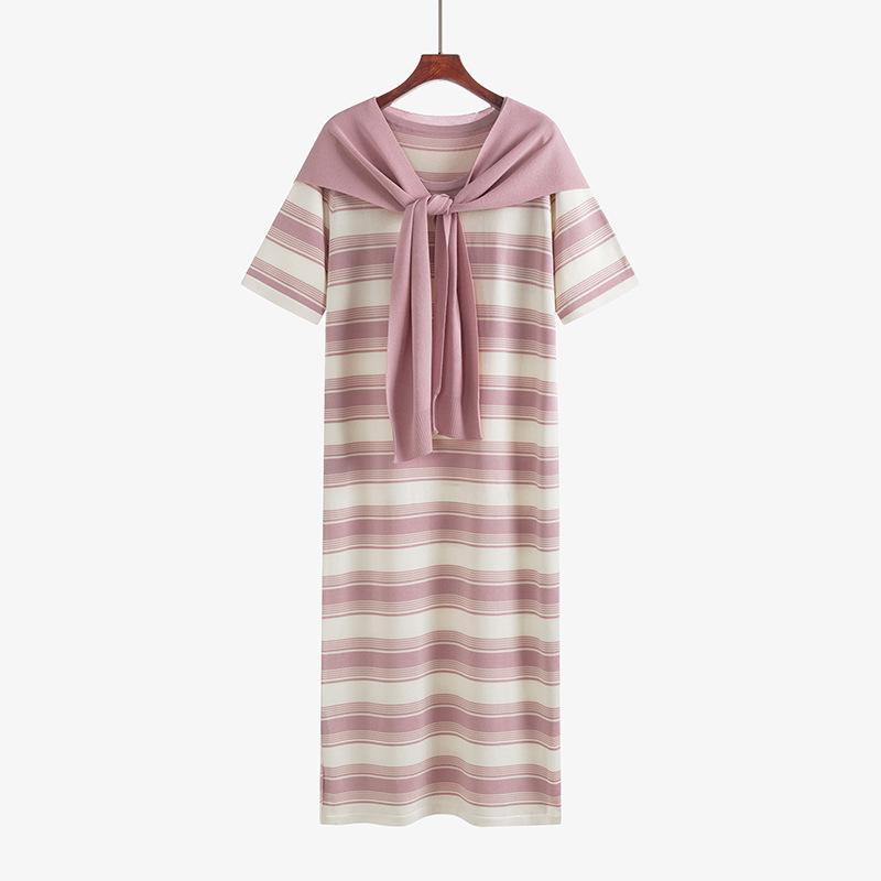 

Женское платье больших размеров, стареющее платье с шалью в студенческом стиле, весенне-осенние вязаные платья в полоску 3XL розовый