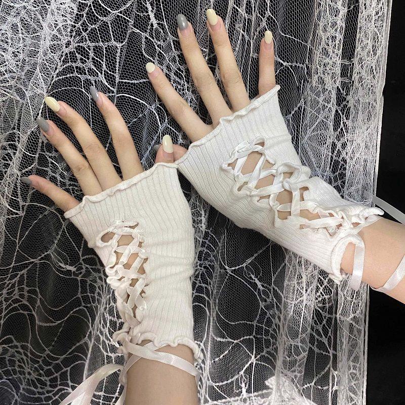 

Sexy Ballet Style Lace-up Oversleeves Sub-Culture Gloves Dancing Aby Y2g Open Finger Two-Dimensional Half Short Oversleeves White