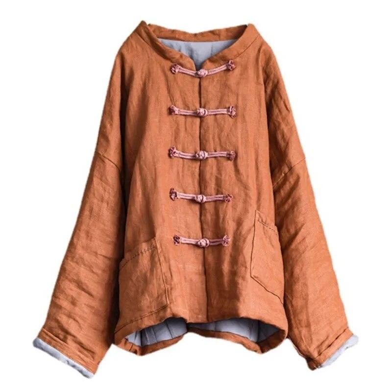 Johnature Dam Vintage Lin Parkas Knappar Enfärgade Rockar Vinter Ståkrage Plus Bomull Fickor Kvinna Kinesiska Parkas