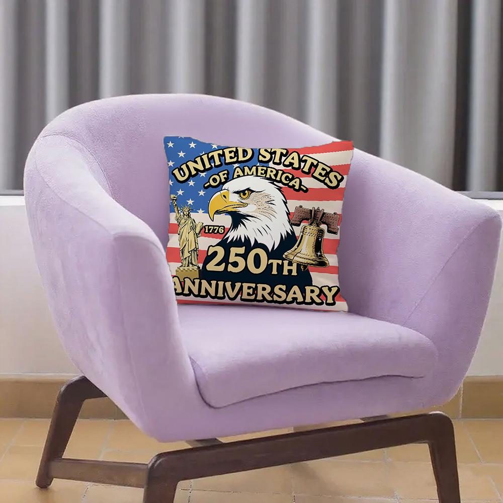 1Pc Usa 250Th Anniversary Throw Pillow Cover, Bald Eagle & Liberty Bell Patriotic Decor, American Flag Design Pillowcase For Hom