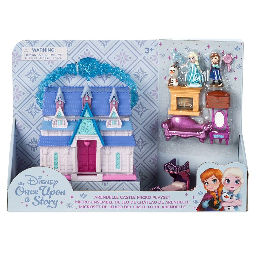 Official Disney Store Frozen Castle Micro Playset with Elsa, Anna, and Olaf Microfigures, Portable Travel Toy Playset with Handle, and Surprise Reveal