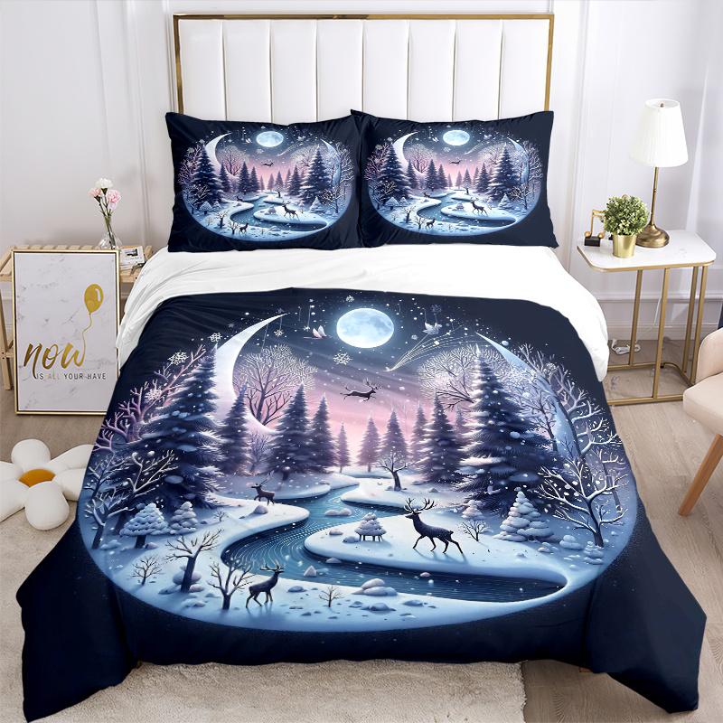 3pcs Winter's Night Pattern Bedding Set, 1* Cover + 2*Pillowcases, Printed Bedding Set, Soft