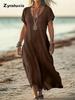 Oversized Solid Color V-Neck Cotton Linen Women's Dress for Women's Clothing