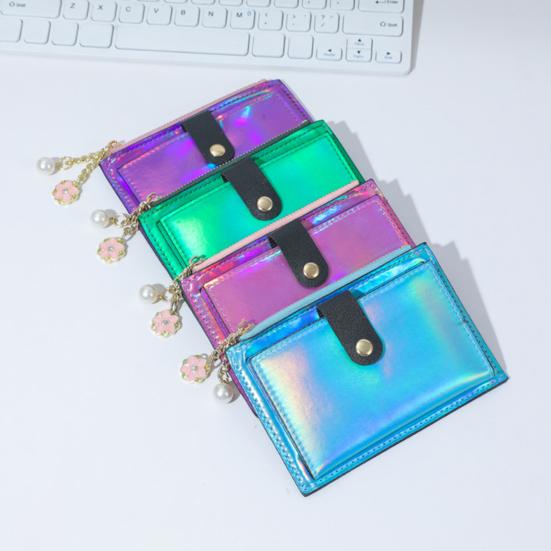 Damplånbok Faux Pearl Flower Charm Iriserande Bärbar Bi-fold Multi-fack Kreditkortshållare Dragkedja Smal