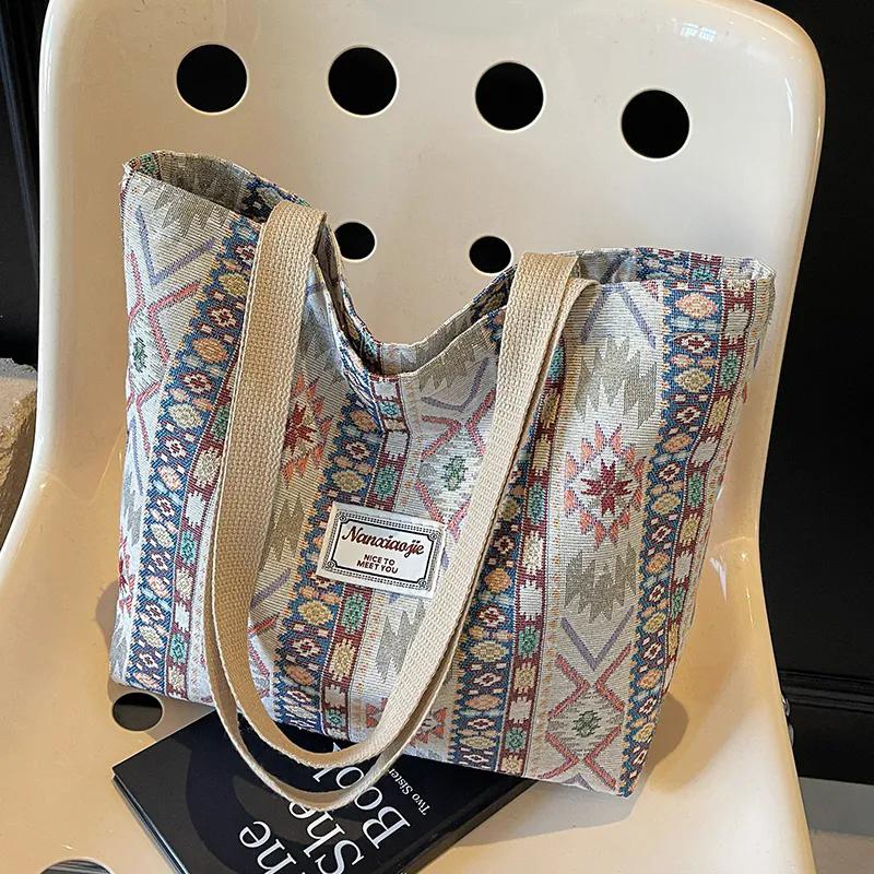 WTEMPO Bolsos Tote Versátiles Casuales con Cremallera para el Hombro Bolsos de Mano Estampados para Mujer Estilo Étnico Bolsos de Lona de Gran Capacidad