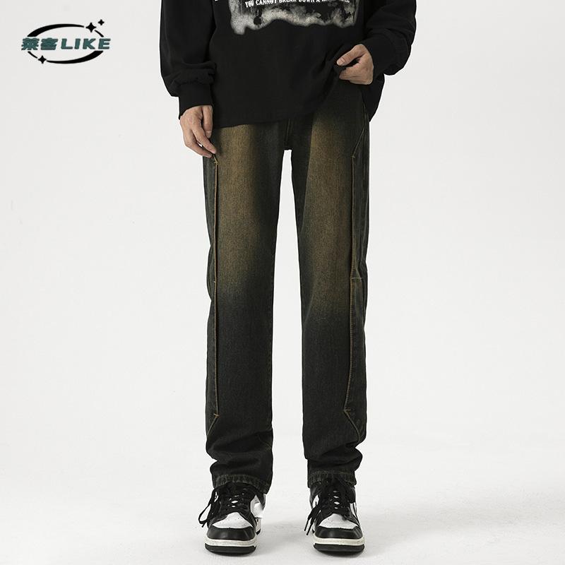 American Retro High Street Jeans Men'S Vibe Style Yellow Mud Dyed Washed Denim Pants Straight Tube Slimming Denim Pants