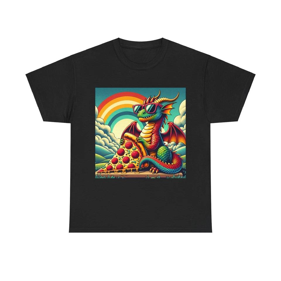 Unisex Adult T Shirt Quirky Dragon Pizza Retro Fantasy Art S