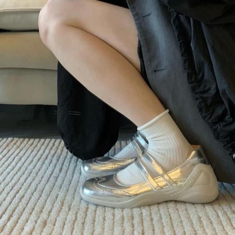 Cowhide Version of the New Silver Ballet Sports and Leisure Shoes, Flat Single Shoes, Women's Shallow Mouth Square Head Thick Sole Mary Jane Shoes