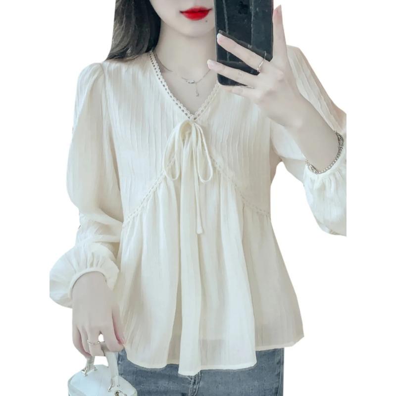 

Женская весенне-летняя блузка с V-образным вырезом, кружевной отделкой, завязками спереди и оборками M абрикосовый