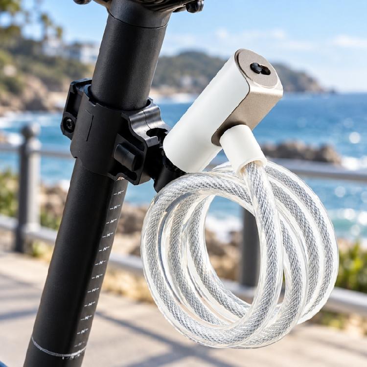 Flexible Coiled Cable Lock for Bikes with Integrated Key Lock Body and PVC-Sleeved Steel Line for Routine Parking