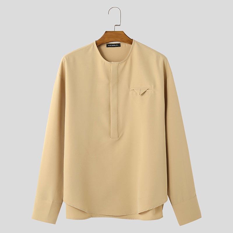 

INCERUN Мужские рубашки свободного покроя с круглым вырезом и длинным рукавом, однотонные 3XL хаки