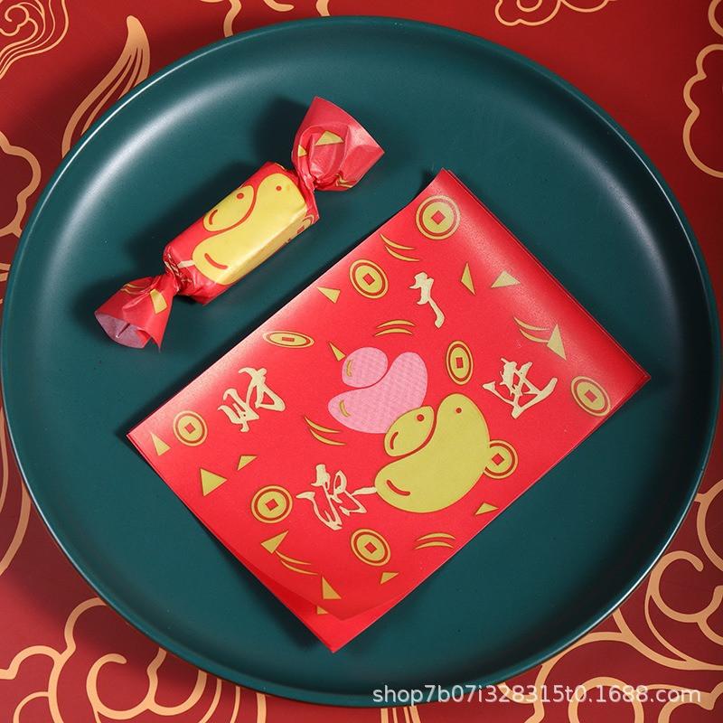

100Pcs Red Color Chinese Style Printed Handmade Nougat Candy Packaging Oil Papers Milk Taffy Wrapper New Year Party Decor 9x12.5cm