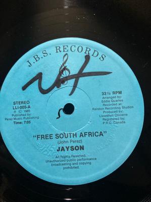 12inch Record JAYSON  Free South Africa LLI005 J.B.S. Records 1985 Canada Reggae Ska  Dub Used
