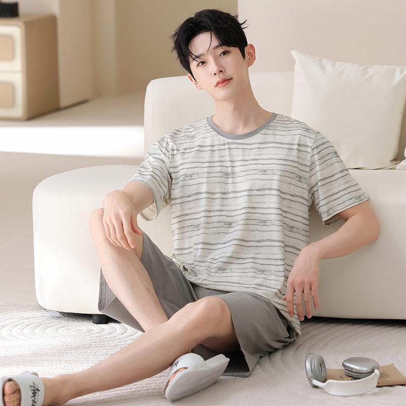 Lyocell cotton men's pajamas summer thin short-sleeved five-point pants suit casual teen men's loungewear can be worn outside