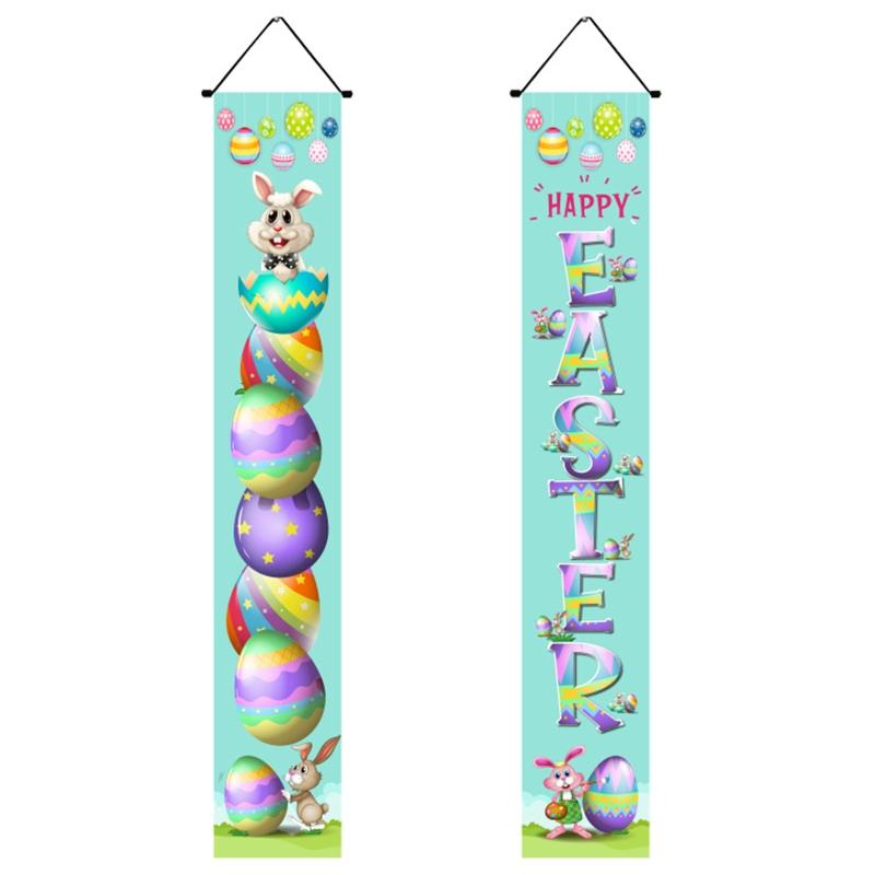 Happy Easter Couplet 1 Pair Door Curtain Hanging Banner Bunny Egg Carrot Decor 2024 for Home Decor Springtime Party Front Door