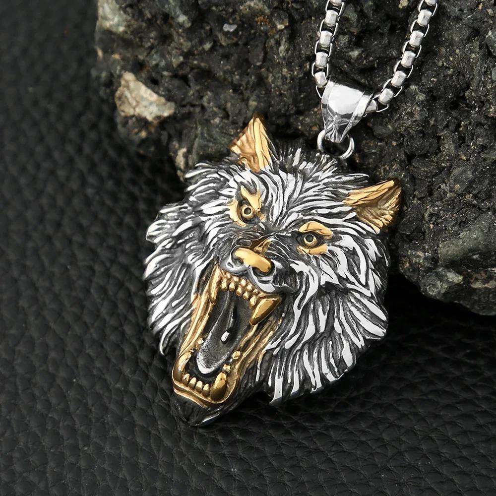 Punk Viking Wolf Head Pendant Necklace Gold Color Stainless Steel Odin Wolf Necklace Norse Mythology Jewelry Gifts Accessories