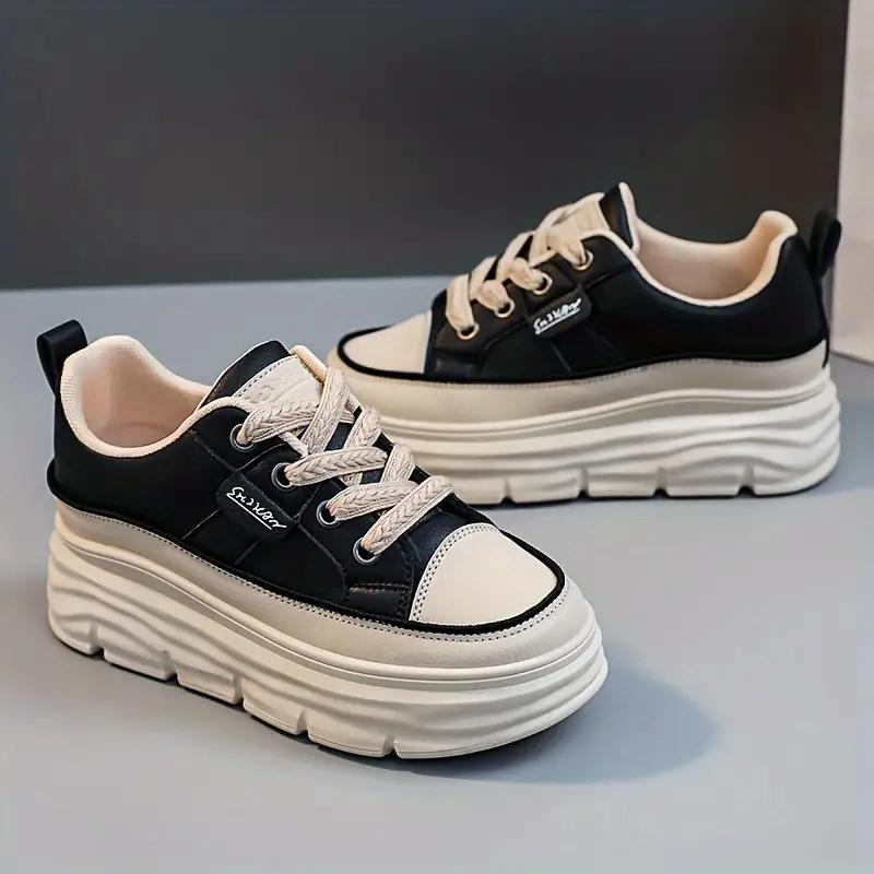 Women's Solid Color Sneakers, Casual Lace Up Outdoor Shoes, Comfortable Inner Heightening Shoes