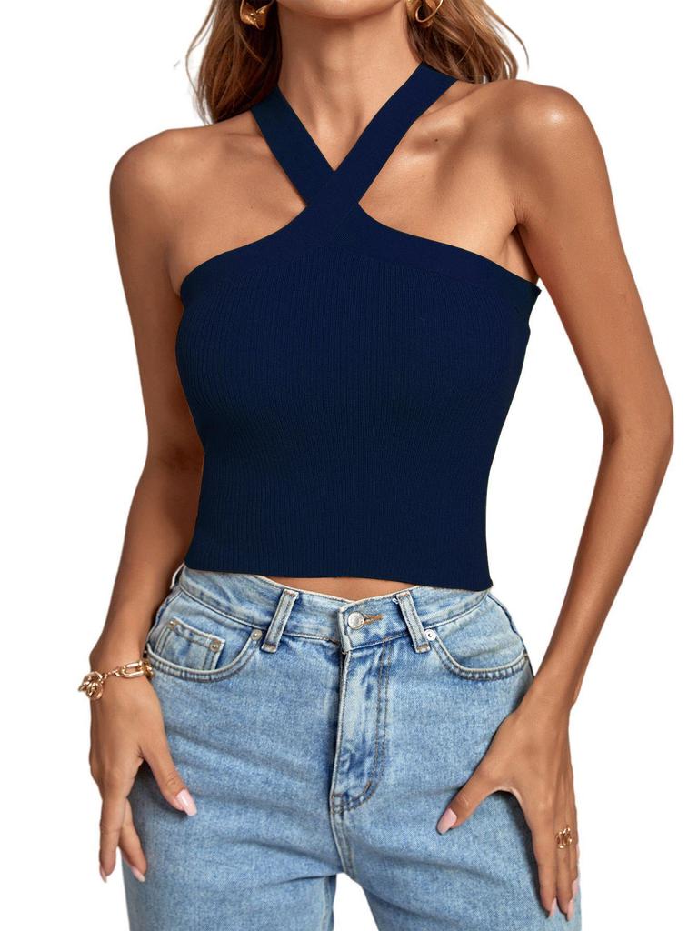 2024 Spring/Summer Women's Knitted Backless Cross Halter Strap Bralette Sweater Tank Top