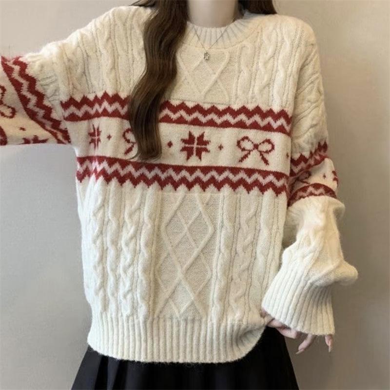 Women's Retro Fair Isle Pure Wool Christmas Sweater - Warm, Loose Fit Jacquard Knit with Round Neck