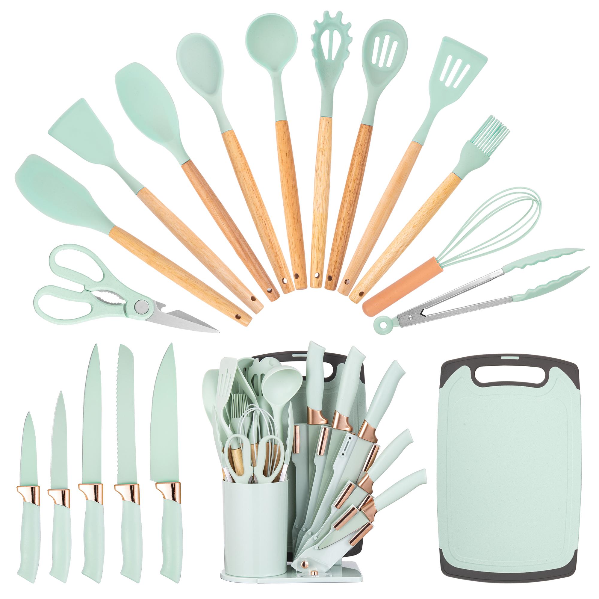 

19pcs Premium Silicone Kitchen Utensil & Knife Set - Heat-Resistant, Non-Stick Safe Cooking Tools With Wooden Handles & Chef Knives aero синий