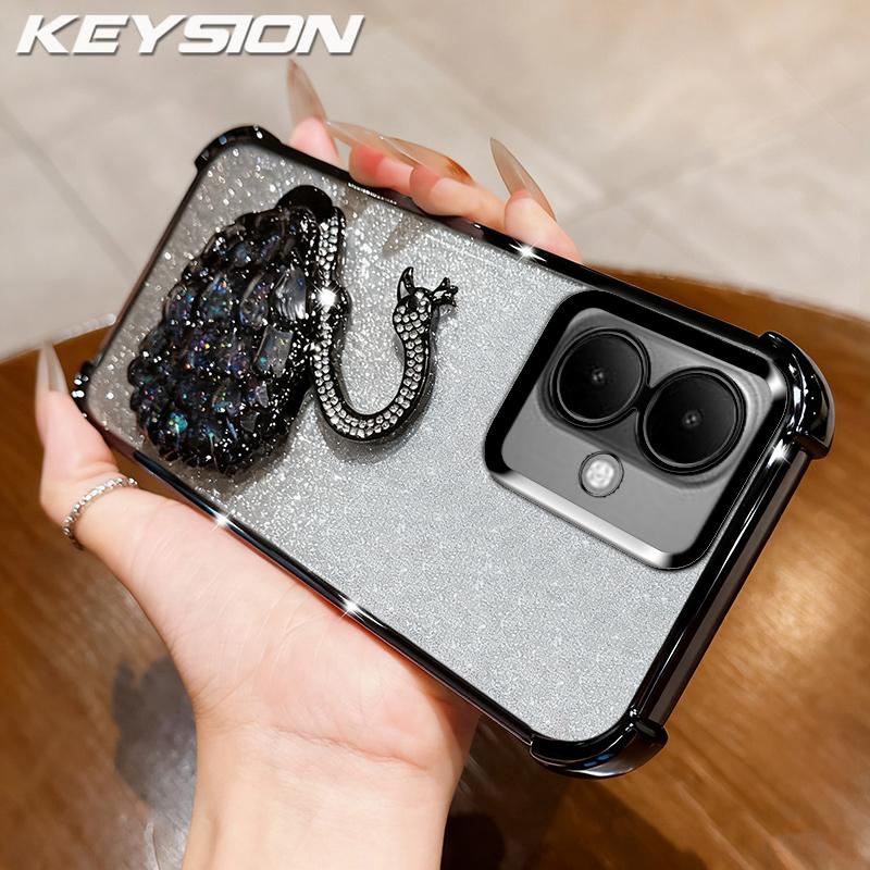 KEYSION Shockproof Plating TPU Phone Case for TECNO Spark Go 2 Pop 10 Glitter Jewelled Swan Kickstand Cover for Infinix Smart 10