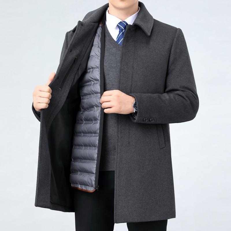 Cashmere Coat Men's Mid-length Thickened Removable Down Liner Jacket Middle-aged and Elderly Dad's Wool Woolen Top