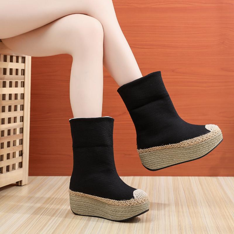 Fashion Retro Women's Cotton Shoes 2024 Winter New Round Toe Women's Casual Sloping Heel Cloth Shoes High Top with Frayed Edges Sneakers