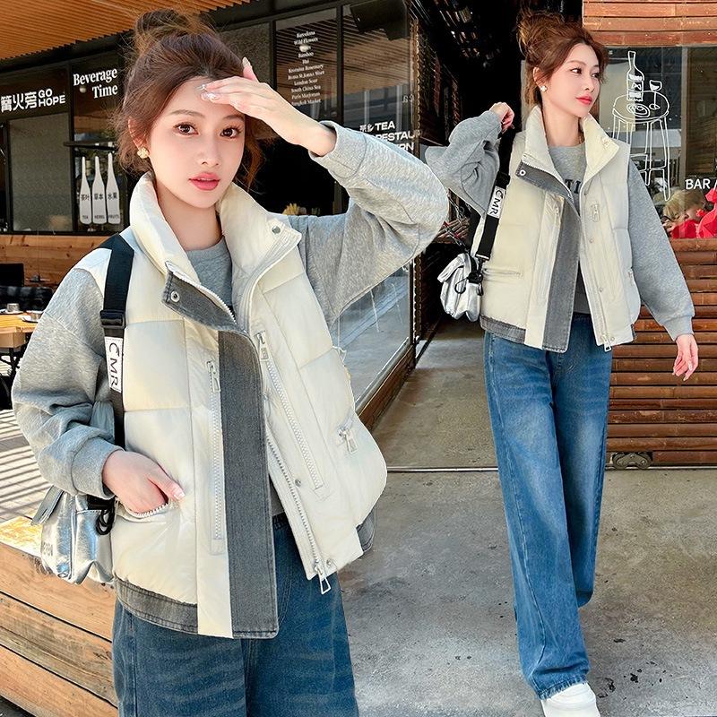 

New loose cotton vest denim splicing stand collar autumn and winter cotton vest vest down cotton vest women s outer wear M