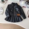 Girls' Autumn PU Leather Biker Outfit: Korean-Style Jacket & Pleated Skirt Set
