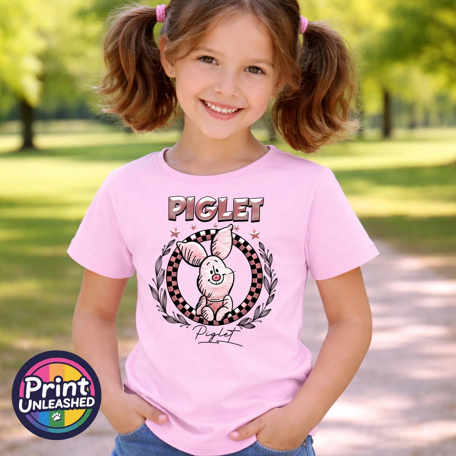 Piglet Printed T-Shirt Gildan Youth Round Chequered Graphic 100% Cotton Kids Tee M