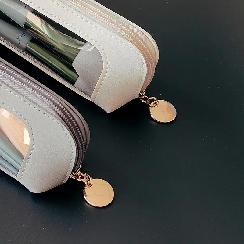 Women's Portable Leather Makeup Bag Waterproof Travel Cosmetic Pouch for Eyebrow Pencils & Brushes Compact Organizer Case