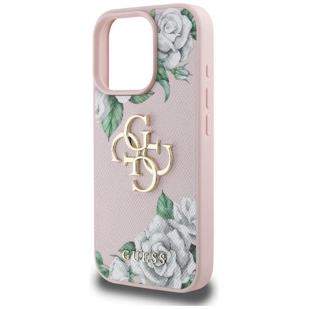 Guess Grained Roses Big 4G Logo Case For iPhone 16 Pro Pink