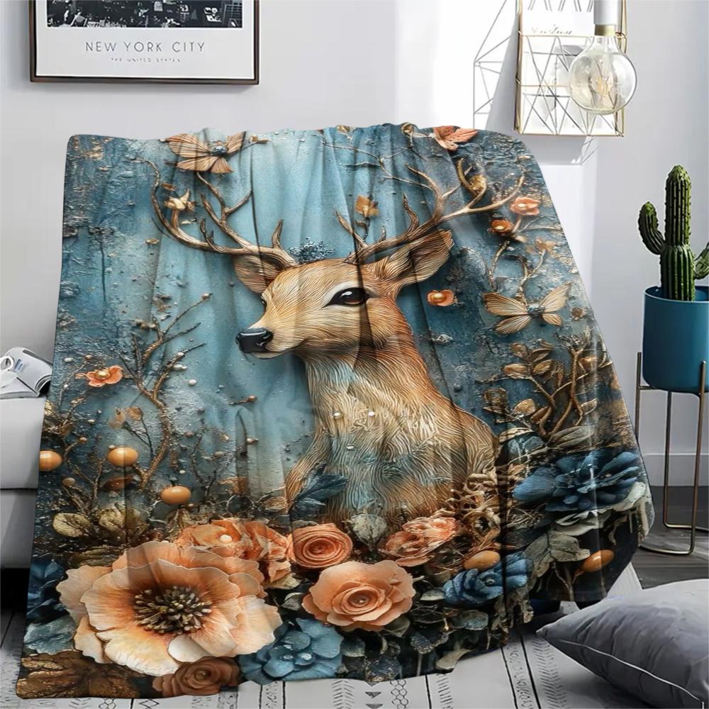 1Pc Vintage Deer Art Print Flannel Blanket, High Quality Comfortable for All Seasons, Home Decor, Warmth and Comfort, Perfect for Gifts