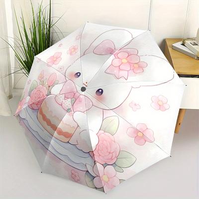 1pc Cake and Cute Bunny Automatic 3-Fold Fashion Umbrella Design, Cute Cartoon Pattern, Portable Outdoor Umbrella, Perfect, Holiday Gift for Disney Fa