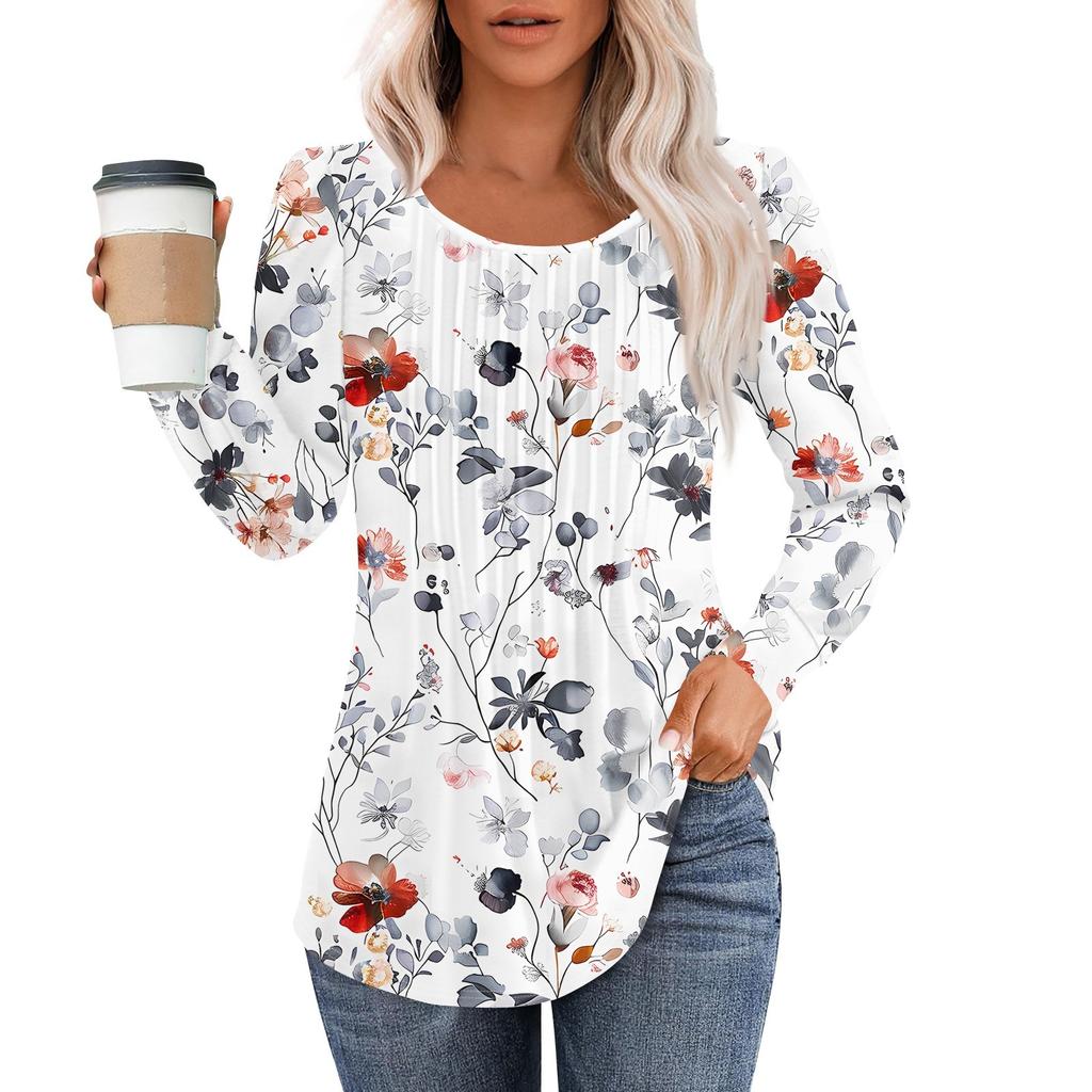 Long Sleeve Shirts For Women Tops Dressy Casual Blouses Pleated Scooped Neck Tunic Tops