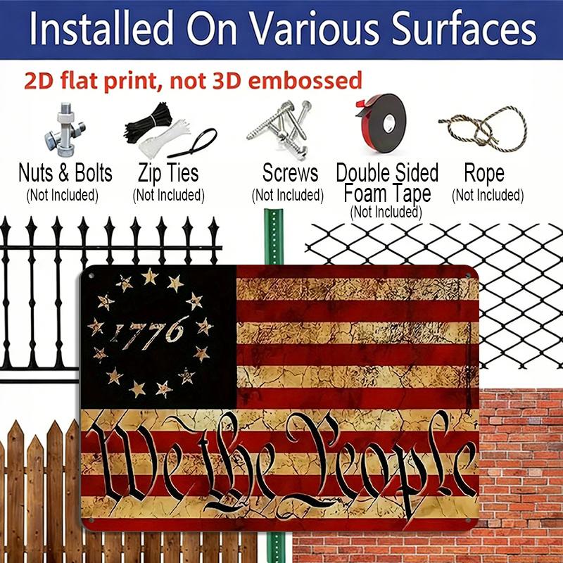 2D Flat 1pc American Flag Metal Sign, We The People 1776 Vintage Style, Ready To Hang Wall Art for Home, Office, and Patriotic Decor Aluminium