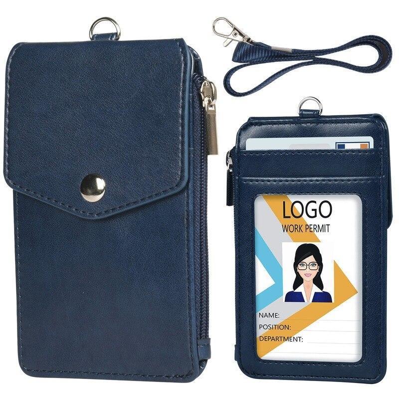 Multi-card Slot Student ID Credit Card Badge Cover PU Leather Work Card Holder Coin Zipper Bag Card Sleeve Wallet with Lanyard