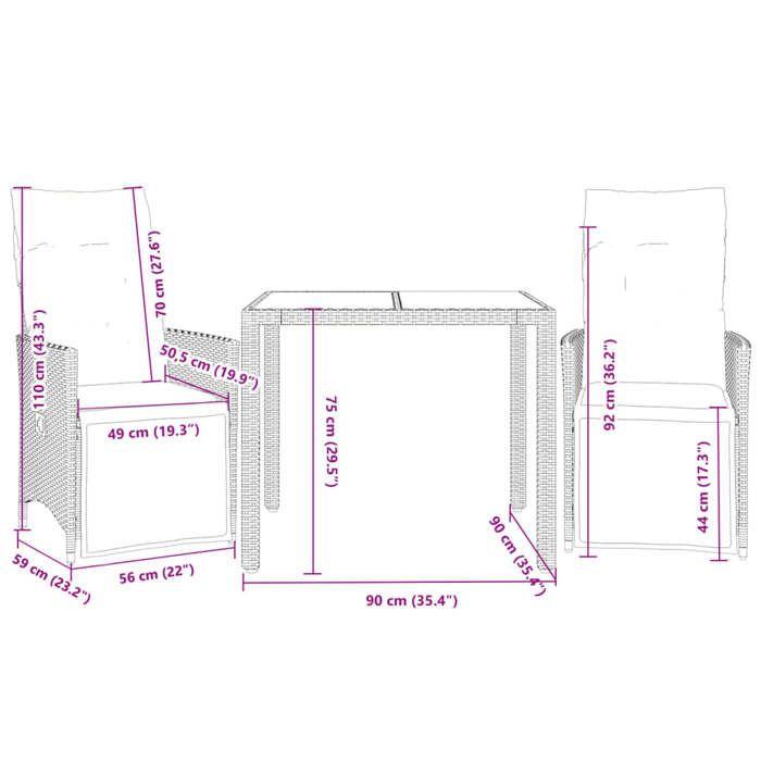VidaXL Ensemble de bistro de jardin 3 pcs coussins marron poly rotin, ensemble de bistro de jardin, ensemble de balcon, 3276915