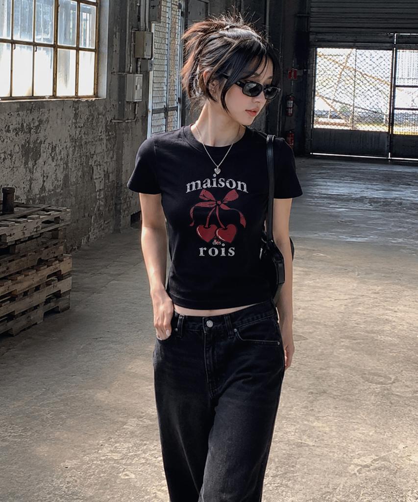 ROIDESROIS Maison 2D Real Cherry Women'S Short Sleeve T-Shirt (Black)