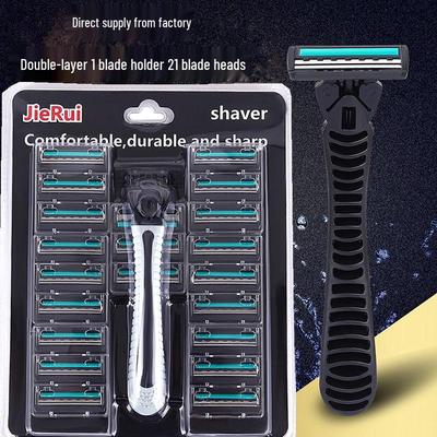 In Stock: Jie Rui Stainless Steel Double-Layer Razor Set - Includes 1 Handle & 21 Men's Manual Shaving Blades.