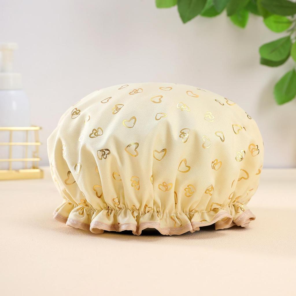 Double-layer Shower Cap  Waterproof Hair Cap  Gold-embossed Printed Polyester-cotton PEVA Shower Cap  Women's Bathing and Bathing Style