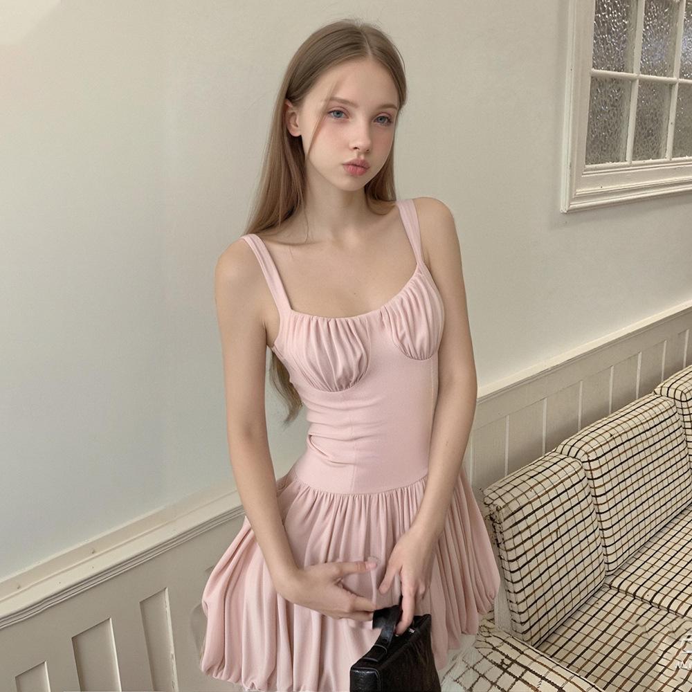 Spaghettiträger Puffiges Mini Kleid Neckholder V-Ausschnitt Uni Slim Plissiert Knospe A-Linie Kurzes Kleid