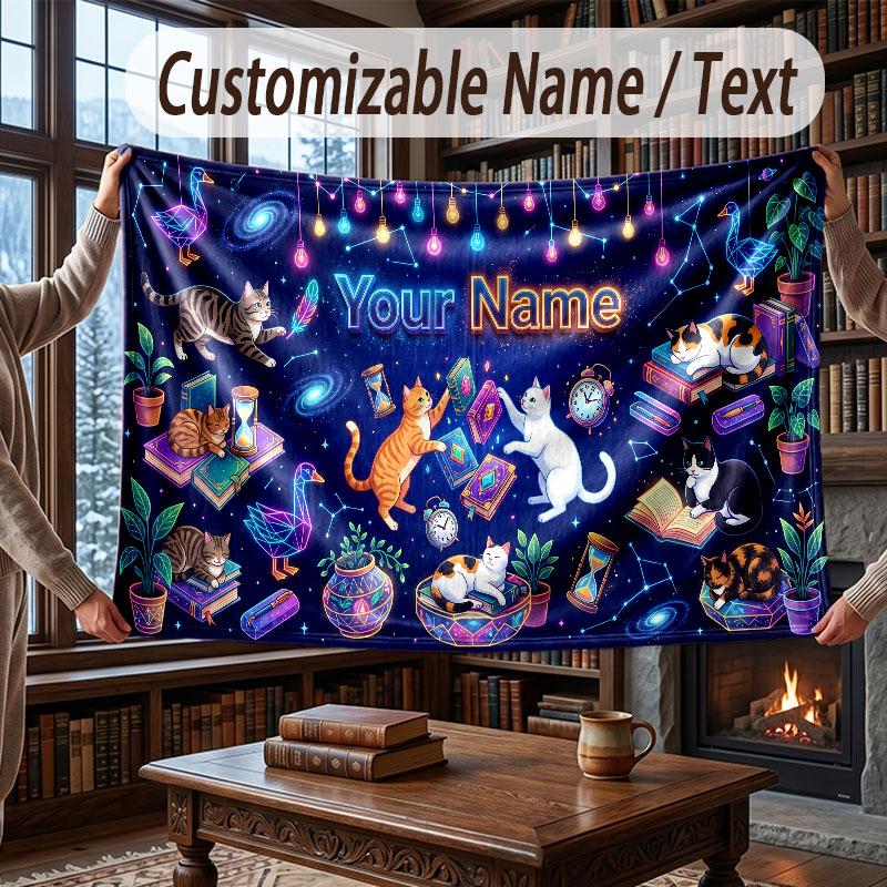 Cat Theme Throw Blanket Custom Name Text Personalized Blanket Soft Cozy Blanket for Home Sofa Bed