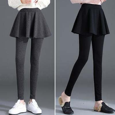 Women Winter Culottes Pants Solid Color High Waist Pleated Skirt Pants Fake Two Piece Leggings-Skirt Combo
