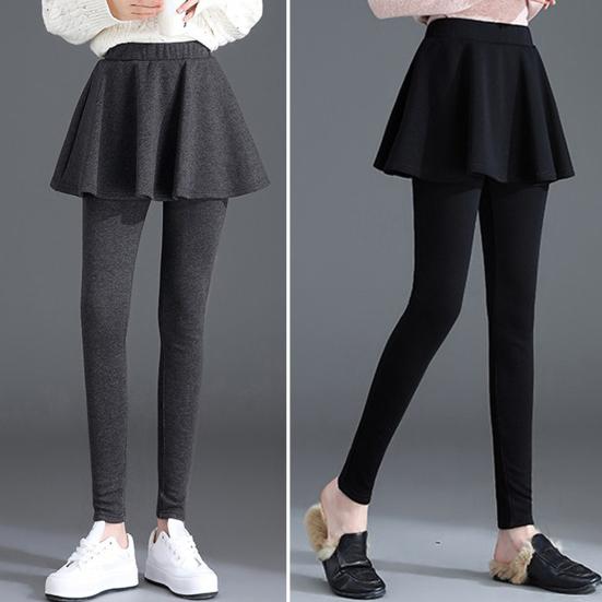 Women Winter Culottes Pants Solid Color High Waist Pleated Skirt Pants Fake Two Piece Leggings-Skirt Combo