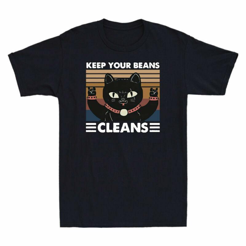 Short Your Cotton Retro Vintage Cat T Sleeve Shirt Funny Cleans Shirt Keep Beans